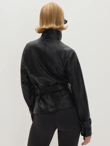 MUSEYN Black Pu Funnel Neck Tie Belt Fasten Jacket Edgy Transitional Layering Casual Day Out Fall - Black - View 5