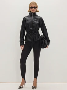 MUSEYN Black Pu Funnel Neck Tie Belt Fasten Jacket Edgy Transitional Layering Casual Day Out Fall - Black - View 2