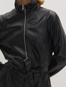 MUSEYN Black Pu Funnel Neck Tie Belt Fasten Jacket Edgy Transitional Layering Casual Day Out Fall - Black - View 6