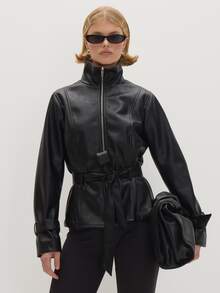 MUSEYN Black Pu Funnel Neck Tie Belt Fasten Jacket Edgy Transitional Layering Casual Day Out Fall - Black - View 1