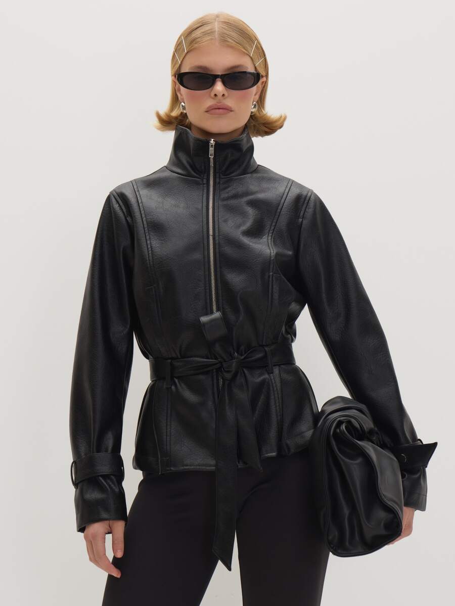 MUSEYN Black Pu Funnel Neck Tie Belt Fasten Jacket Edgy Transitional Layering Casual Day Out Fall - Black - View 1