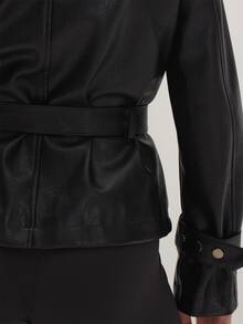 MUSEYN Black Pu Funnel Neck Tie Belt Fasten Jacket Edgy Transitional Layering Casual Day Out Fall - Black - View 7