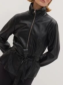 MUSEYN Black Pu Funnel Neck Tie Belt Fasten Jacket Edgy Transitional Layering Casual Day Out Fall - Black - View 3