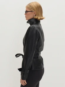 MUSEYN Black Pu Funnel Neck Tie Belt Fasten Jacket Edgy Transitional Layering Casual Day Out Fall - Black - View 4