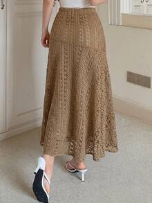 DAZY Women's Lace Embroidered Elastic Waist Elegant Skirt - Rust Brown - View 3