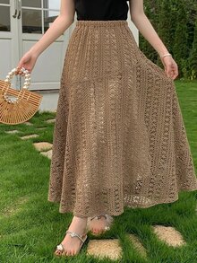 DAZY Women's Lace Embroidered Elastic Waist Elegant Skirt - Rust Brown - View 1