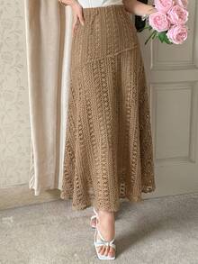 DAZY Women's Lace Embroidered Elastic Waist Elegant Skirt - Rust Brown - View 2