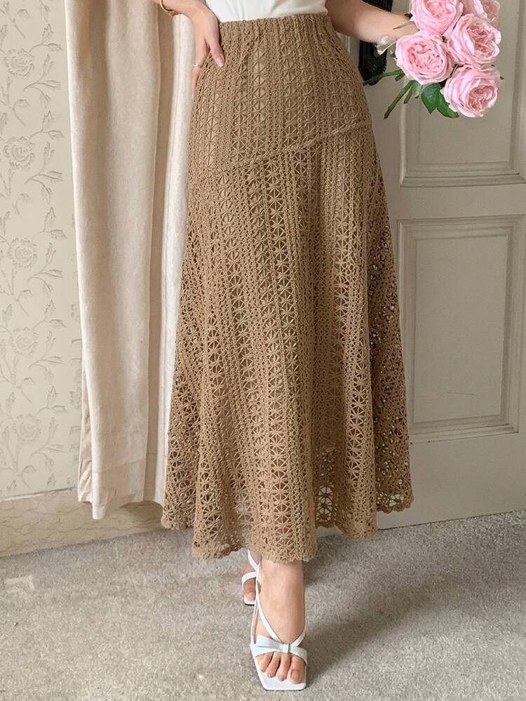 DAZY Women's Lace Embroidered Elastic Waist Elegant Skirt - Rust Brown - View 2
