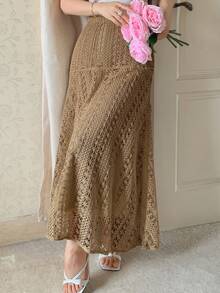 DAZY Women's Lace Embroidered Elastic Waist Elegant Skirt - Rust Brown - View 4