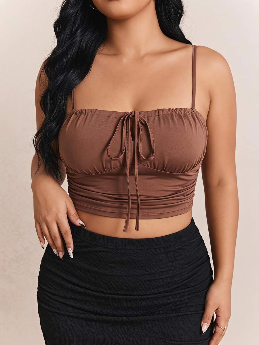 CovetEZ Plus Size Pleated Knot Summer Brown Cami Top - Brown - View 1