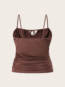 CovetEZ Plus Size Pleated Knot Summer Brown Cami Top - Brown - View 2
