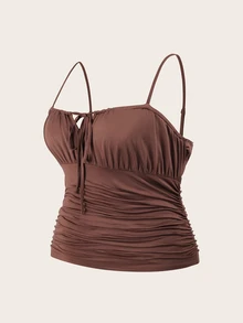 CovetEZ Plus Size Pleated Knot Summer Brown Cami Top - Brown - View 3