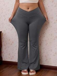 CovetEZ Plus Size Solid Flare Leg Spring Yoga Pants - Dark Grey - View 1