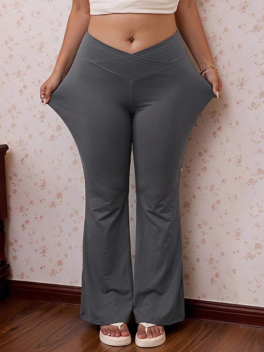 CovetEZ Plus Size Solid Flare Leg Spring Yoga Pants - Dark Grey - View 1