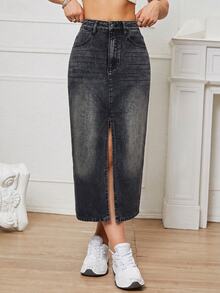 SHEIN EZwear 休閒水洗開衩下擺牛仔裙 - 黑色 - 查看 4