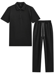 Manfinity Homme 男士純色短袖 Polo 衫與長褲休閒套裝 - 黑色 - 查看 4