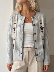 Sprig & Strand Cardigan Rajut Bordir Bunga Musim Gugur/Dingin Warna Abu-abu Biru Gaya Cottagecore - Light Grey - View 4