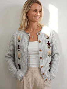 Sprig & Strand Cardigan Rajut Bordir Bunga Musim Gugur/Dingin Warna Abu-abu Biru Gaya Cottagecore - Light Grey - View 5