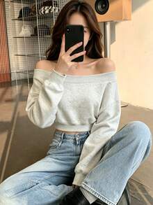 Trelyra Women's Solid Color Off-Shoulder Drop Shoulder Long Sleeve Casual Sweatshirt - Grey - View 4