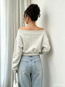 Trelyra Women's Solid Color Off-Shoulder Drop Shoulder Long Sleeve Casual Sweatshirt - Grey - View 2