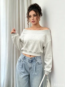Trelyra Women's Solid Color Off-Shoulder Drop Shoulder Long Sleeve Casual Sweatshirt - Grey - View 3