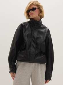 MUSEYN Black Pu Funnel Neck Oversized Boxy Elasticated Hem Jacket Edgy Transitional Layering Casual Day Fall New Season Capsule Wardrobe - Black - View 1