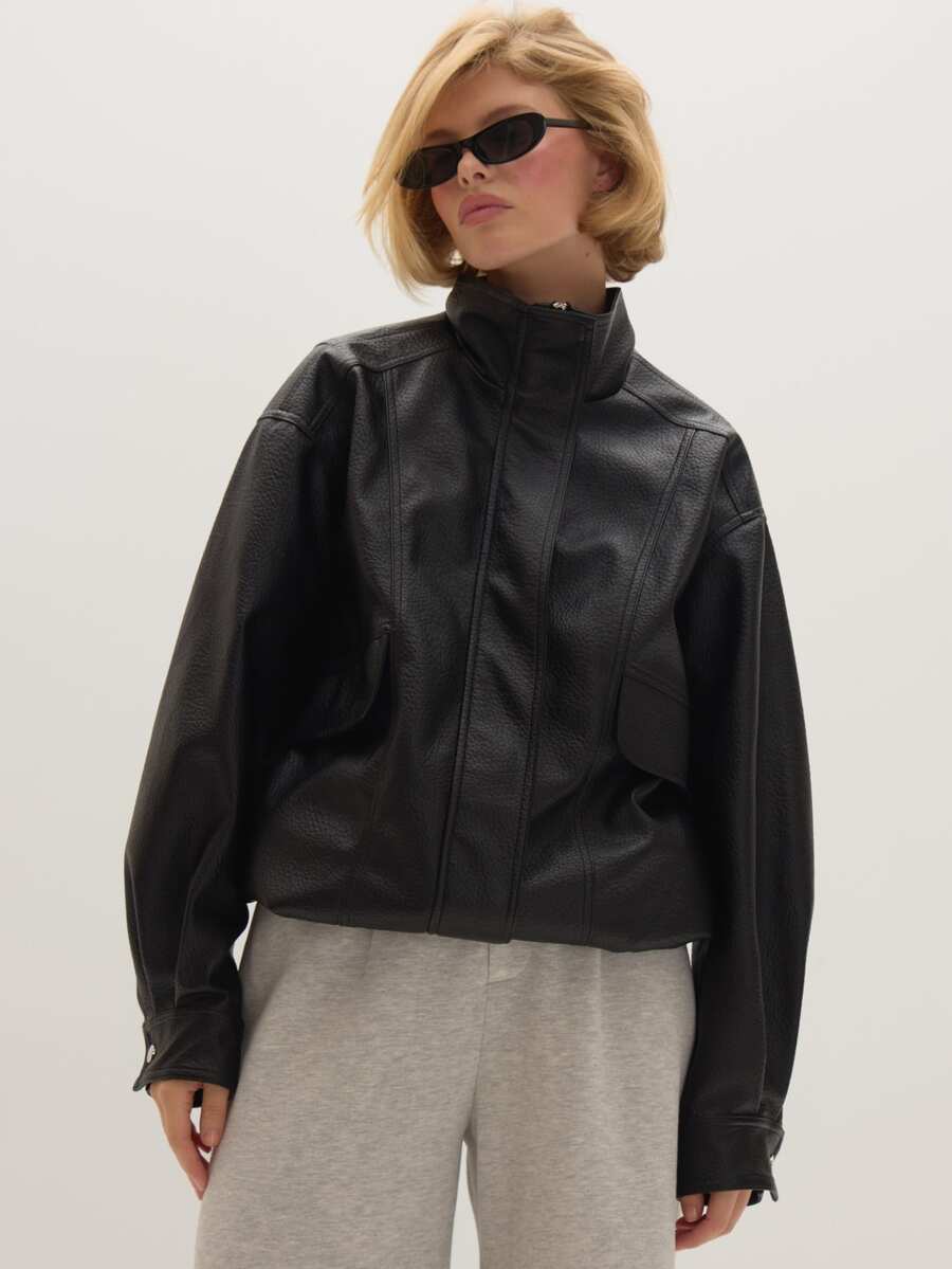 MUSEYN Black Pu Funnel Neck Oversized Boxy Elasticated Hem Jacket Edgy Transitional Layering Casual Day Fall New Season Capsule Wardrobe - Black - View 1