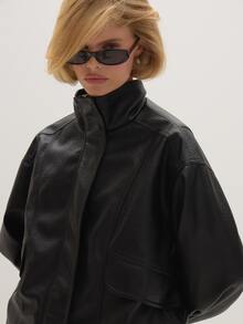 MUSEYN Black Pu Funnel Neck Oversized Boxy Elasticated Hem Jacket Edgy Transitional Layering Casual Day Fall New Season Capsule Wardrobe - Black - View 5
