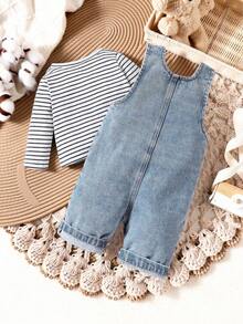 SHEIN Vintaside Kids 新生兒男嬰條紋圓領T恤與丹寧圍兜褲休閒套裝，復古灰色鈕扣經典牛仔吊帶褲 - 灰色 - 查看 3