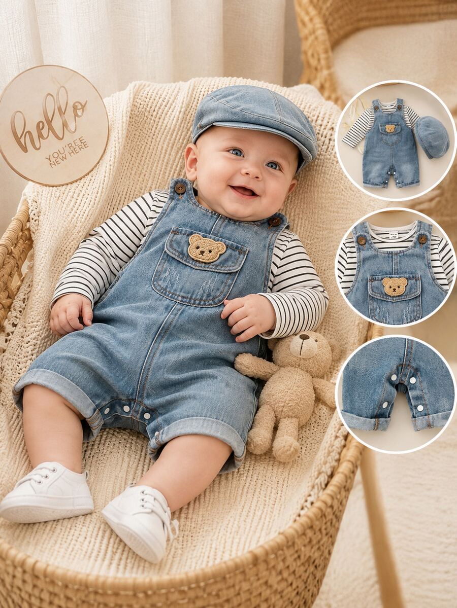SHEIN Vintaside Kids 新生兒男嬰條紋圓領T恤與丹寧圍兜褲休閒套裝，復古灰色鈕扣經典牛仔吊帶褲