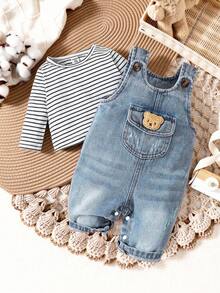 SHEIN Vintaside Kids 新生兒男嬰條紋圓領T恤與丹寧圍兜褲休閒套裝，復古灰色鈕扣經典牛仔吊帶褲 - 灰色 - 查看 4