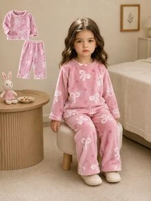 Genkimix Kids 2件組/秋冬女嬰蝴蝶結愛心印花灰粉色簡約時尚長褲長袖休閒抓絨居家服 - 藕粉色 - 查看 2
