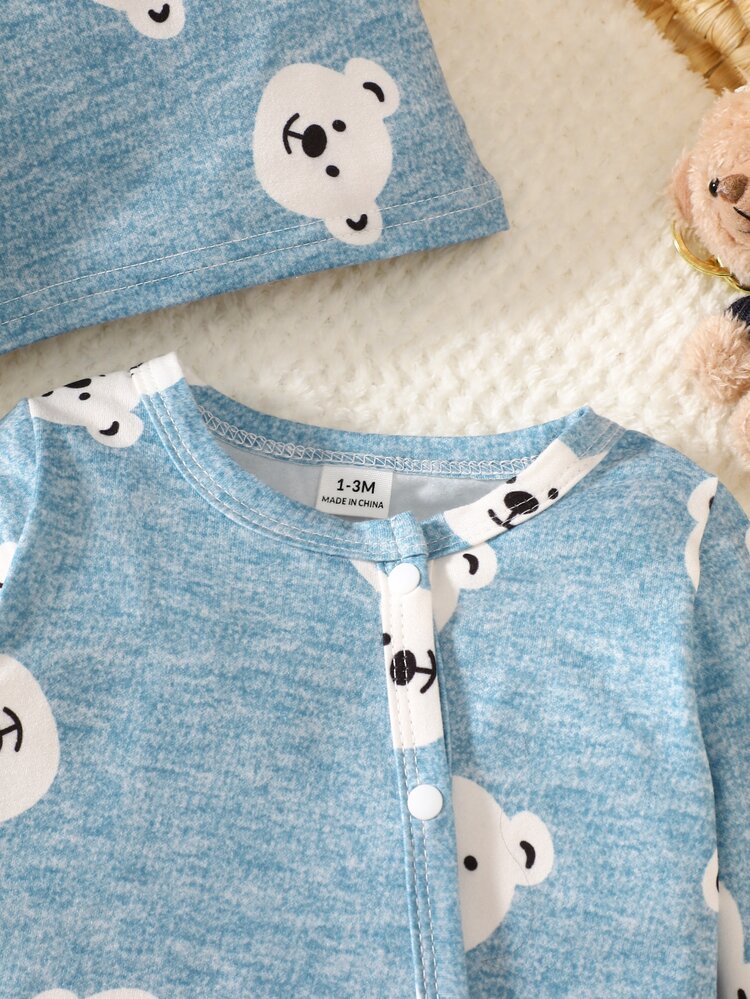 SHEIN 2pcs/Set Newborn Baby Unisex Cartoon Bear Print Long Sleeve Jumpsuit With Hat Blue And White Striped Autumn Cute Family Matching Birthday Outfit - Blue - View 8