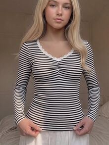 Tween女孩條紋抓皺胸前長袖蕾絲飾邊上衣 - 藍色 - 查看 3