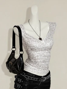 SHEIN ICON 女士蝴蝶印花装饰修身休闲日常上衣 - 淺灰色 - 查看 7