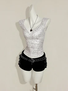 SHEIN ICON 女士蝴蝶印花装饰修身休闲日常上衣 - 淺灰色 - 查看 6