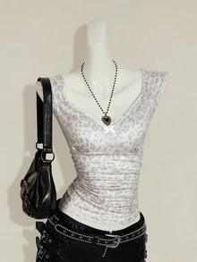 SHEIN ICON 女士蝴蝶印花装饰修身休闲日常上衣 - 淺灰色 - 查看 10