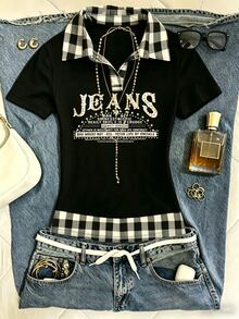 IslaSuriya 女款上衣 / 格紋領字母印花 Polo 衫 / 休閒修身女款 T-shirt / 百搭時尚單品 / 夏季日常必備 / 女款印花 Polo 上衣 2026 春夏 - 彩色 - 查看 1