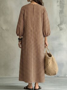 Omancia Gaun Kasual Wanita Motif Kotak-kotak untuk Pakaian Sehari-hari & Acara Khusus - Navy Blue - View 2