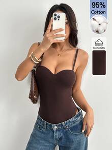 SHEIN PETITE 女款時尚百搭純色細肩帶背心 極簡休閒風 - 棕色 - 查看 10