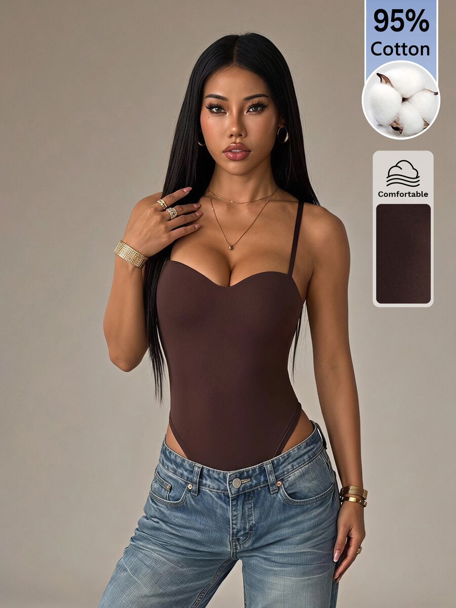 SHEIN PETITE 女款時尚百搭純色細肩帶背心 極簡休閒風 - 棕色 - 查看 1