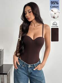 SHEIN PETITE 女款時尚百搭純色細肩帶背心 極簡休閒風 - 棕色 - 查看 9