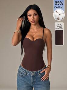 SHEIN PETITE 女款時尚百搭純色細肩帶背心 極簡休閒風 - 棕色 - 查看 5