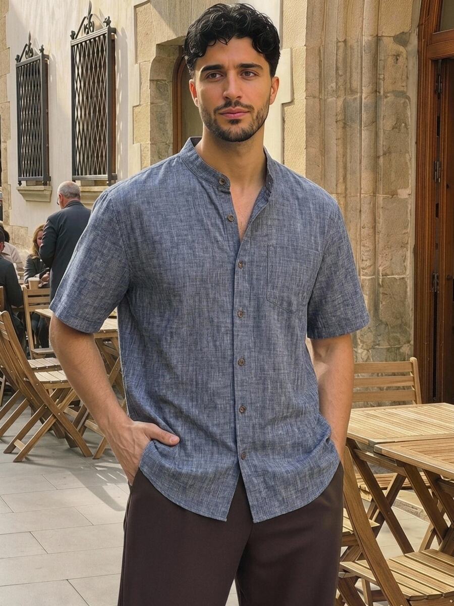 HIMLAND Men's Front Button Short Sleeve Casual Modest Shirt Travel Navy Blue Summer Vacation - Blue - View 1