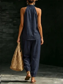 SHEIN Y2K Streetwear Damen Zweiteiler Set Neckholder-Top mit tiefem V-Ausschnitt & ärmelloses Top & Hose mit elastischem Bund, Leinen-Textur entspannter Co-Ord für Reisen, Shopping und täglichen Look - marineblau - Übersicht 3