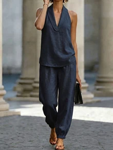 SHEIN Y2K Streetwear Damen Zweiteiler Set Neckholder-Top mit tiefem V-Ausschnitt & ärmelloses Top & Hose mit elastischem Bund, Leinen-Textur entspannter Co-Ord für Reisen, Shopping und täglichen Look - marineblau - Übersicht 7