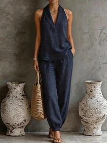 SHEIN Y2K Streetwear Damen Zweiteiler Set Neckholder-Top mit tiefem V-Ausschnitt & ärmelloses Top & Hose mit elastischem Bund, Leinen-Textur entspannter Co-Ord für Reisen, Shopping und täglichen Look - marineblau - Übersicht 5