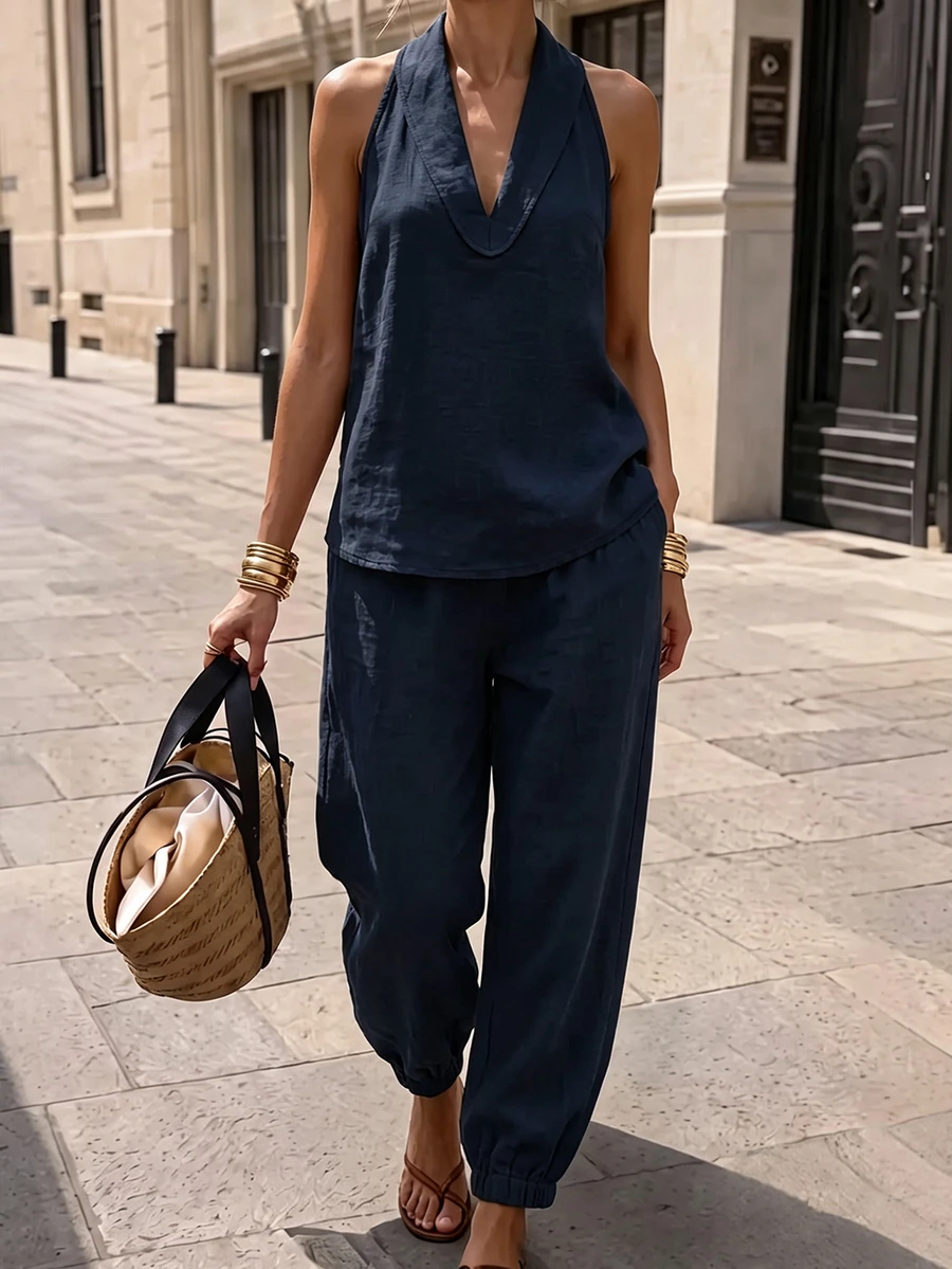 SHEIN Y2K Streetwear Damen Zweiteiler Set Neckholder-Top mit tiefem V-Ausschnitt & ärmelloses Top & Hose mit elastischem Bund, Leinen-Textur entspannter Co-Ord für Reisen, Shopping und täglichen Look