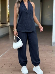SHEIN Y2K Streetwear Damen Zweiteiler Set Neckholder-Top mit tiefem V-Ausschnitt & ärmelloses Top & Hose mit elastischem Bund, Leinen-Textur entspannter Co-Ord für Reisen, Shopping und täglichen Look - marineblau - Übersicht 4