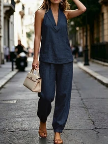 SHEIN Y2K Streetwear Damen Zweiteiler Set Neckholder-Top mit tiefem V-Ausschnitt & ärmelloses Top & Hose mit elastischem Bund, Leinen-Textur entspannter Co-Ord für Reisen, Shopping und täglichen Look - marineblau - Übersicht 6